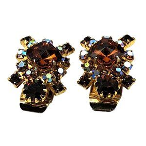 Vintage Rivoli Rhinestone Earrings Aurora Borealis Brown Clip Ons Costume Jewelr